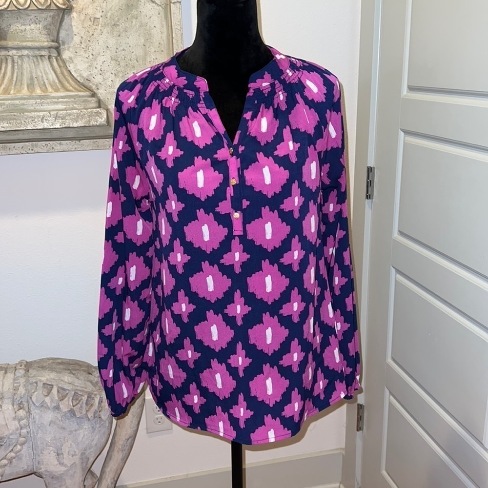 McBeth Collection Sz M pink blue long‎ sleeves top blouse